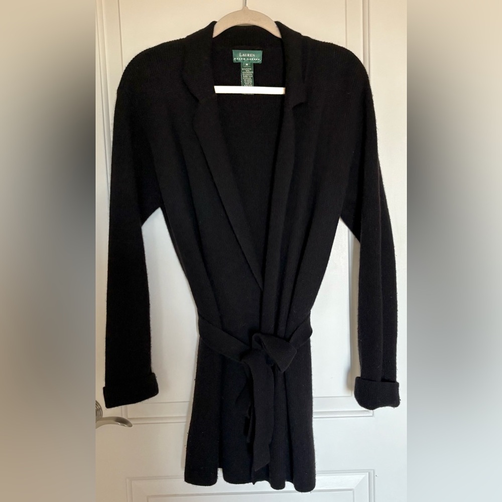 Ralph Lauren Black Wool Blend Belted Cardigan